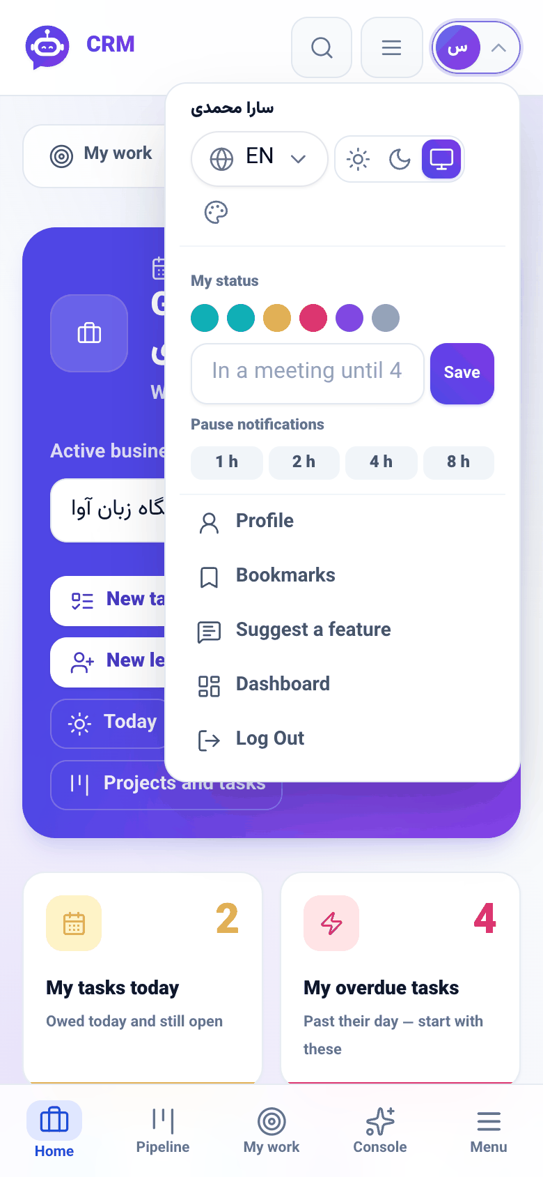 The same menu on a phone, from the top bar