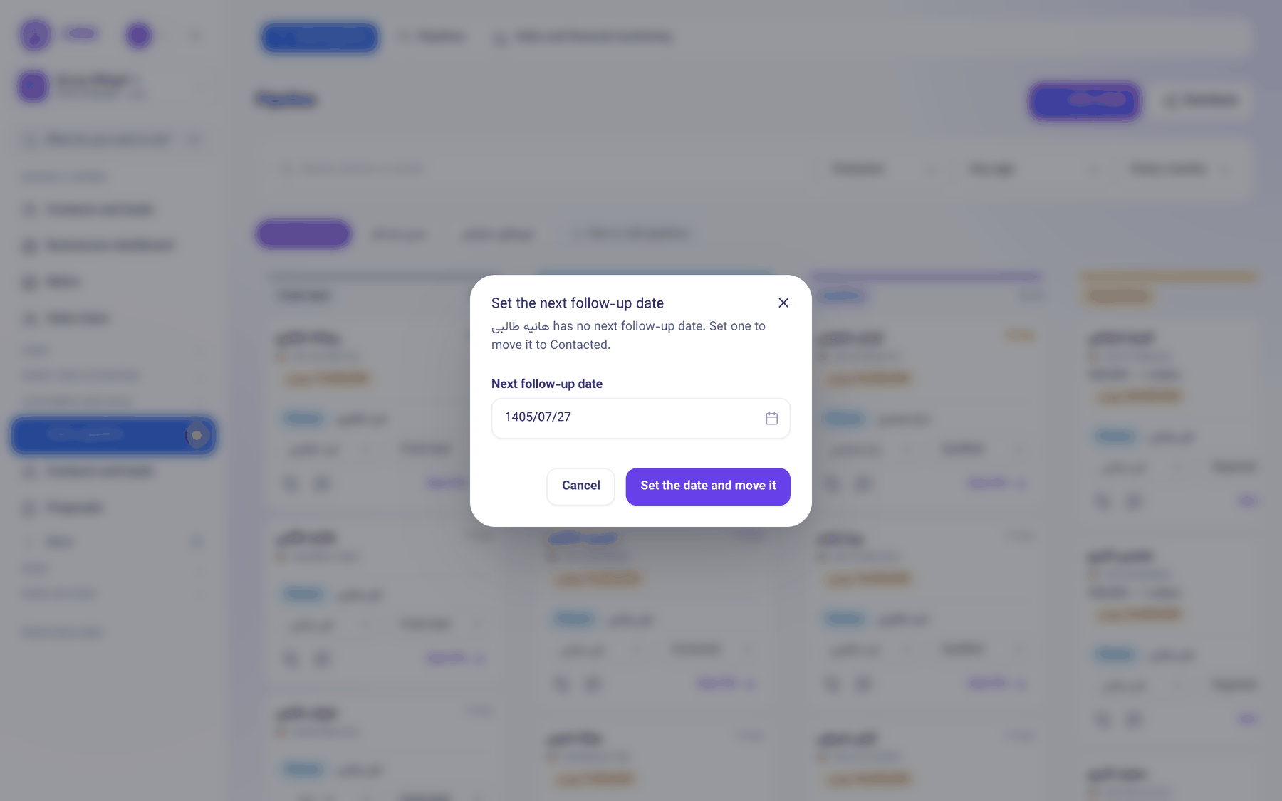The follow-up date window when dragging a card on the pipeline