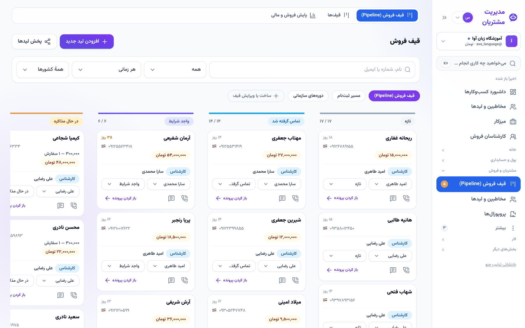 قیف فروش با مبلغ تخمینی روی کارت‌ها