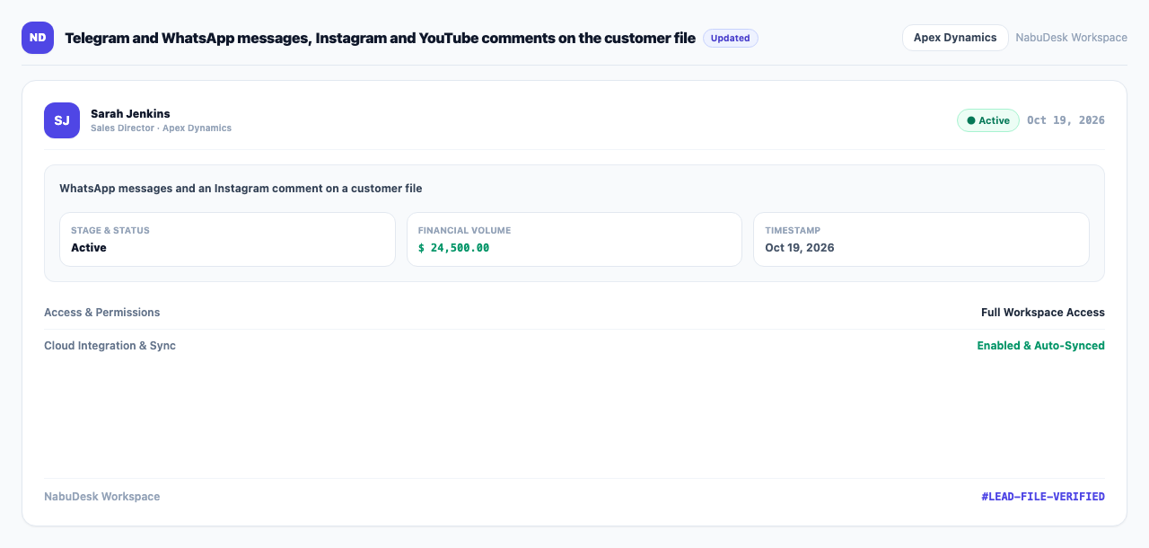 WhatsApp messages and an Instagram comment on a customer file