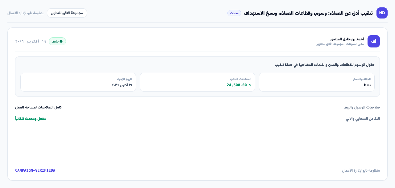 حقول الوسوم للقطاعات والمدن والكلمات المفتاحية في حملة تنقيب