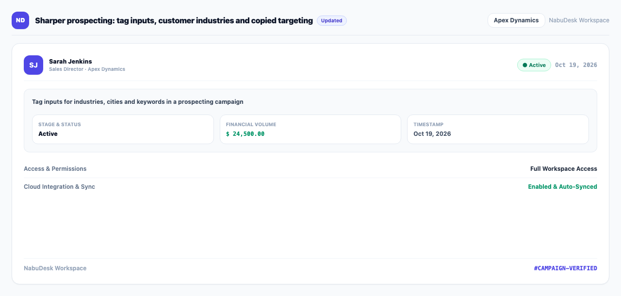 Tag inputs for industries, cities and keywords in a prospecting campaign