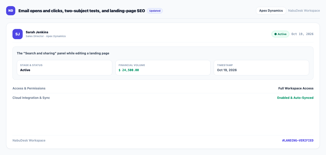 The "Search and sharing" panel while editing a landing page