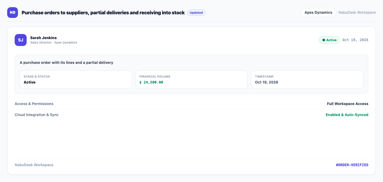 A purchase order with its lines and a partial delivery