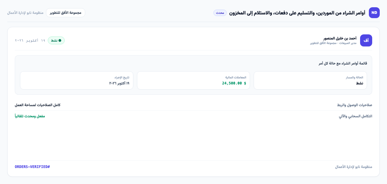 قائمة أوامر الشراء مع حالة كل أمر