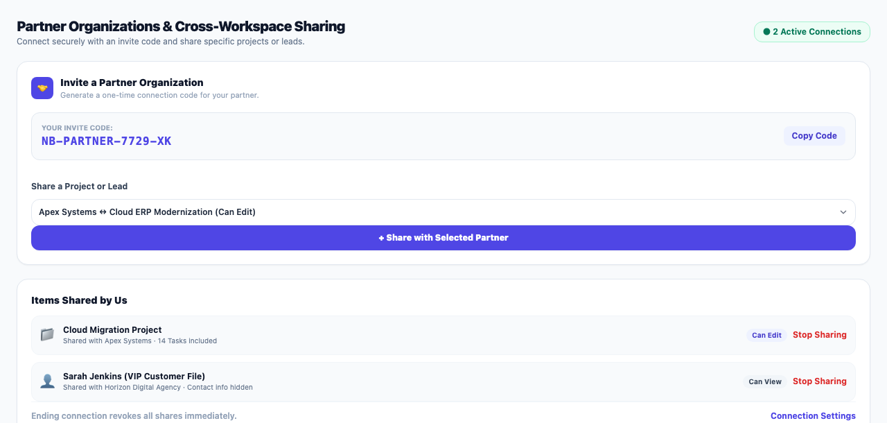 Partner organizations: invite, connections and the share form